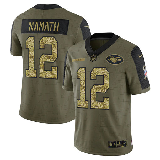 Men's New York Jets #12 Joe Namath 2021 Olive Camo Salute To Service Limited Stitched Jersey